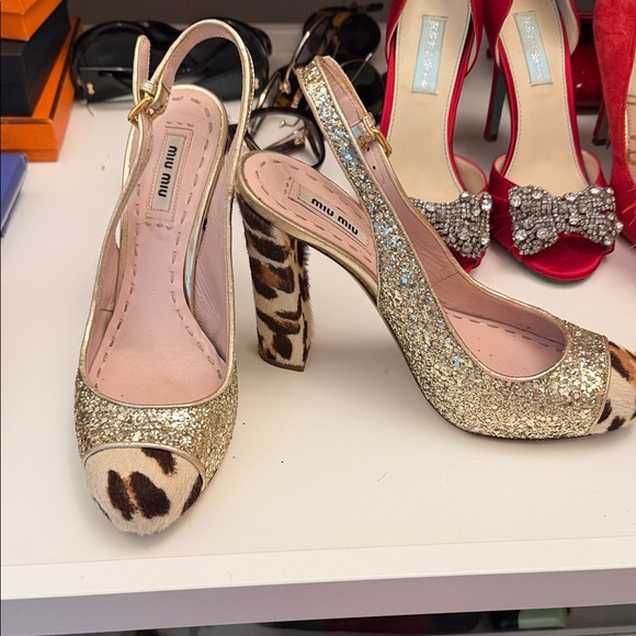 Miu Miu Shoes - Miu Miu Gold Glitter and Leopard Print Heels